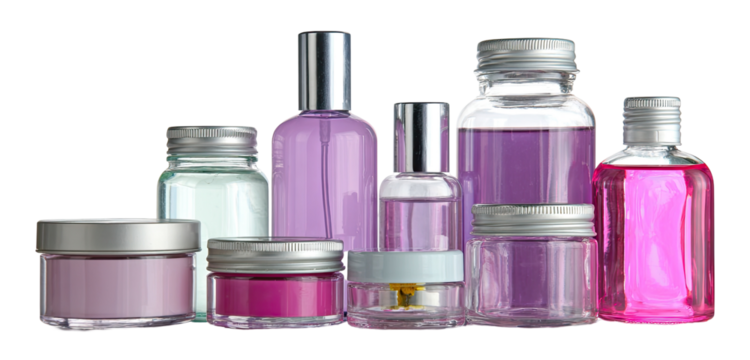 Various clear plastic and glass cosmetic containers in shades of purple and pink