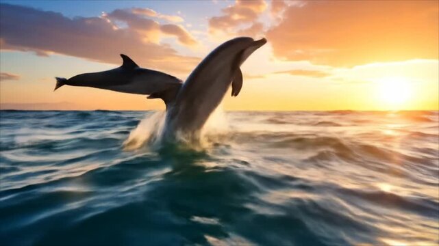 Dolphins jumping sunset ocean