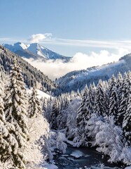 Snowy mountain valley panorama