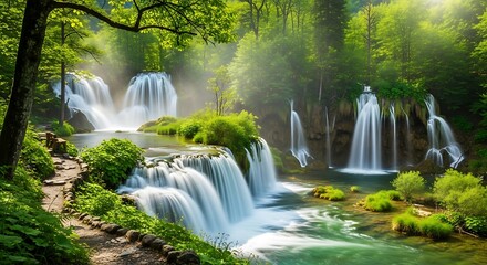 Lush cascading waterfalls in a serene forest setting, bathed in soft, natural light.