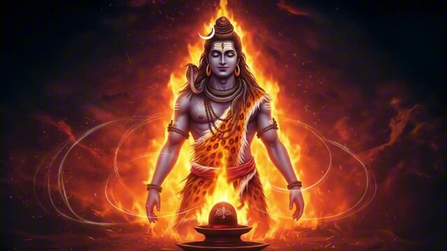 Lord Shiva stands amidst fiery flames adorned with a cobra and crescent moon positioned above a lingam