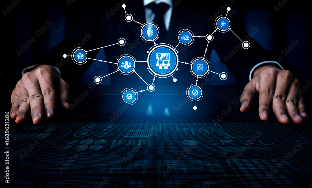 Aufkleber a businessman analyzes a digital network with various interfaces and data visualizations in a modern
