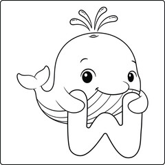 Letter W with Whale Educational sketch Coloring Page for Kids