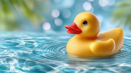 Yellow rubber duck floating in sunlit pool water