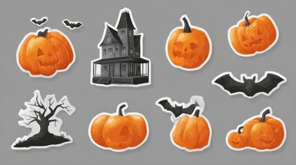Halloween themed stickers featuring pumpkins, bats and a haunted house on gray backdrop