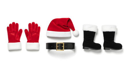 Festive Essentials A High-Angle Composition of Santa's Attire on a Pristine White Background