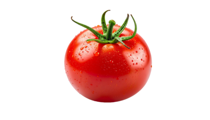 Fresh red tomato with water droplets on transparent background