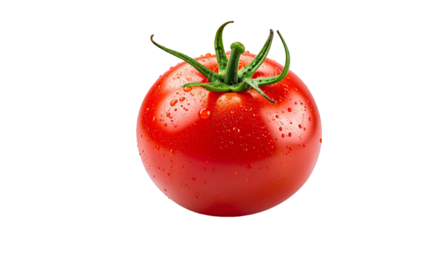 Fresh red tomato with water droplets on transparent background