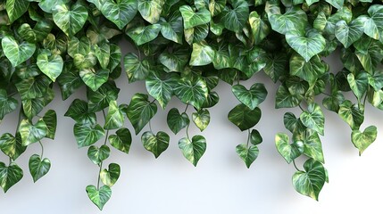 Lush Green Heart- Shaped Leaves Hanging Down Against Photo White Wall plant foliage