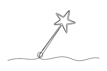 Minimal Line Drawing of a Magic Wand on a Wavy Line – Continuous Line Fantasy Illustration