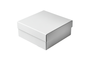 A blank, square, white cardboard box.  It has a slightly  overlapping lid