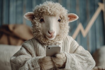 Charming sheep delights over smartphone discovery. Crypto profit methods. The fine line between crypto gains and brutal losses. Cute animal. Sheep joy.