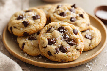 Homemade chocolate cookies on a plate, delicious food photography for cookie recipe.