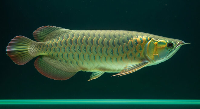 A majestic Asian Arowana fish, with iridescent scales and flowing fins, swims gracefully in a dark aquatic environment.