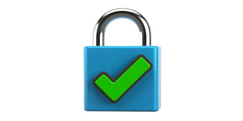 Blue padlock with green checkmark symbol isolated on a transparent background security