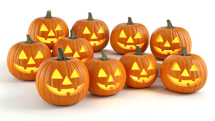 Fototapeta premium A group of jack o lanterns with triangular eyes and smiling mouths on a white surface background