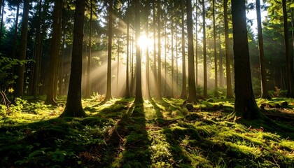 Fototapeta premium Sunbeams pierce a misty forest