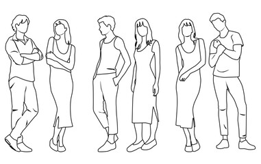 Silhouettes of men and women, a group of standing business people, linear sketch, vector, black color isolated on white background