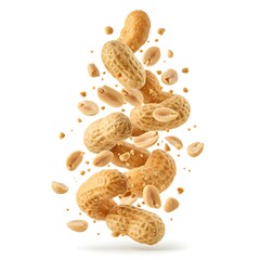 Peeled Peanuts levitating in air on white background. Isolated Falling crushed peanuts. Peanut explosion