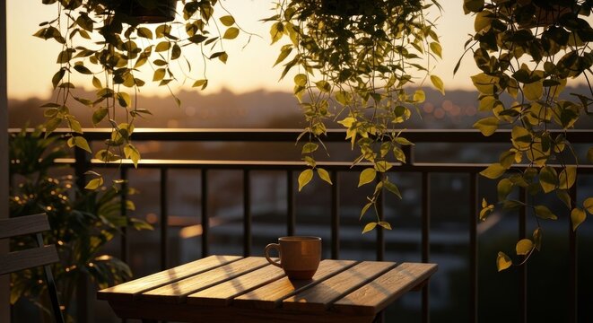 Golden hour on the balcony: Coffee cup, hanging plants, and distant cityscape