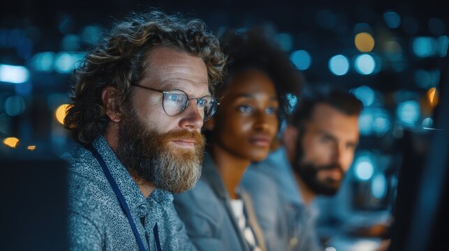 Diverse group of data scientists collaborating on a complex project late at night in a tech office