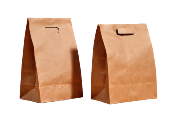 Two light brown paper bags, standing upright,  with a handle.  Simple, utilitarian design