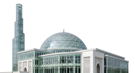 Modern Mosque Architecture A Glass Dome and Minaret Design under a Clear Sky