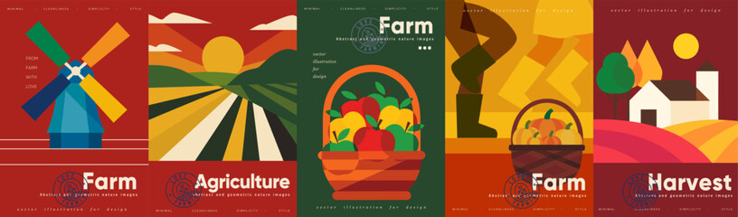 Farm, agriculture and harvest. Vector modern abstract illustrations of mill, field, basket with apples and pumpkins, people in rubber boots and village for poster, background or cover