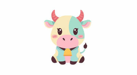 Cute cartoon cow illustration with pastel colors, bell and adorable expression