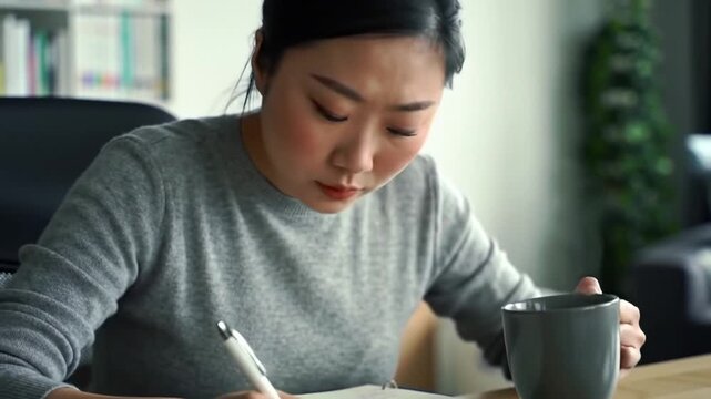 Asian woman writing in notebook with pen while holding coffee cup