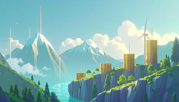 Stylized landscape with angular mountains, wind turbines, stacked cylinder buildings on cliffs, and a blue river under a bright sky with fluffy clouds