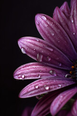 Purple flower with glistening dew, captured in detail against a dark background for a striking effect.