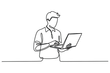 Continuous one line drawing of  young man working on laptop