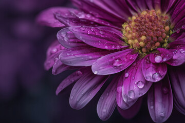 A vibrant purple flower on a dark background, with delicate dewdrops on its petals.