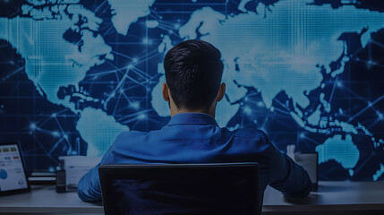 Businessman seated at desk facing a digital world map with network connections