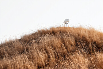 A solitary white chair standing on a grassy hill, captured in a cinematic style.