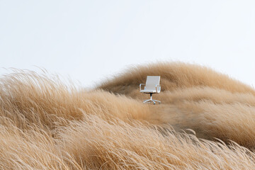 A white chair alone on a hilltop, surrounded by tall grass, cinematic composition.