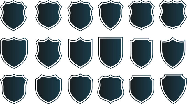 Shield icons, emblem symbols, vector illustration, security design, protective graphic, badge shapes, solid and outlined, classic style, blue tones