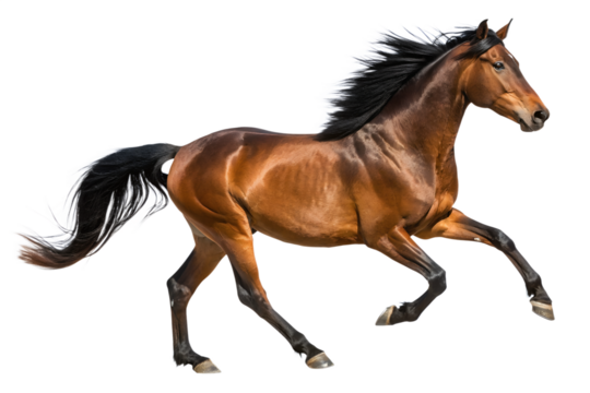 Dynamic brown horse in full gallop, powerfully showcasing athletic precision and fluid motion. Its flowing mane and tail emphasize untamed elegance, embodying pure equine strength