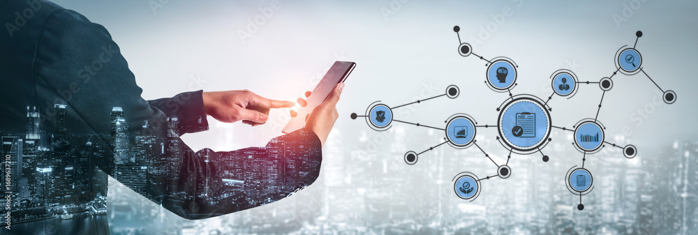 Poster a professional using a touchscreen device in an urban setting, illustrating the concepts of digital 