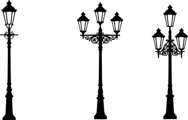 Silhouette illustration of three vintage street lamps with ornate designs and classic architectural style | editable eps vectors