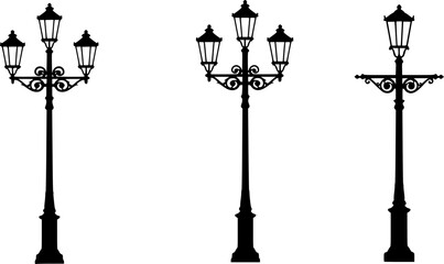 Silhouette illustration of three vintage street lamps with ornate designs and classic architectural style | editable eps vectors