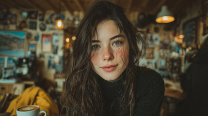 An image of a beautiful young woman with long hair and blue eyes, looking directly into the camera, drinking coffee against a wall with posters.