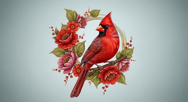 Red Cardinal Floral Wreath. - Powered by Adobe