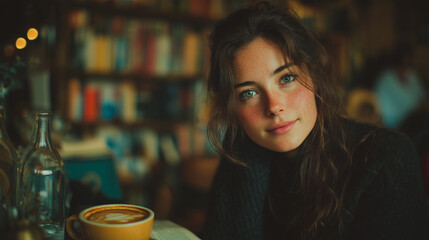 An image of a beautiful young woman posing for a photo in a café, with a gentle photoshoot and a cozy atmosphere.