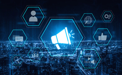 Digital marketing promotion strategy using megaphone, social media marketing, digital ads video content, communication, analytics, and global branding advertisement for business outreach Vouch