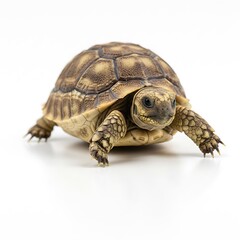 Obraz premium Cute small baby African Sulcata Tortoise in front of white background, African spurred tortoise isolated white background studio lighting,Cute animal Photo for Commercial Use