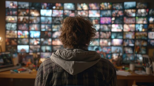 Person stands with their back to the viewer staring at wall of many screens showing various media content filling the space