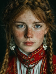 An image of a young woman with blue eyes, wearing a traditional national costume, with braids in her hair and large earrings.