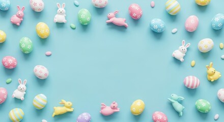 Happy Easter Holiday Celebration with Cute Bunnies and Colorful Eggs Decorations
